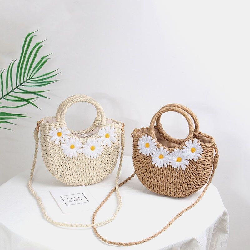 Dam Daisy Travel Summer Beach Straw Handväska Crossbody Bag Axelväska