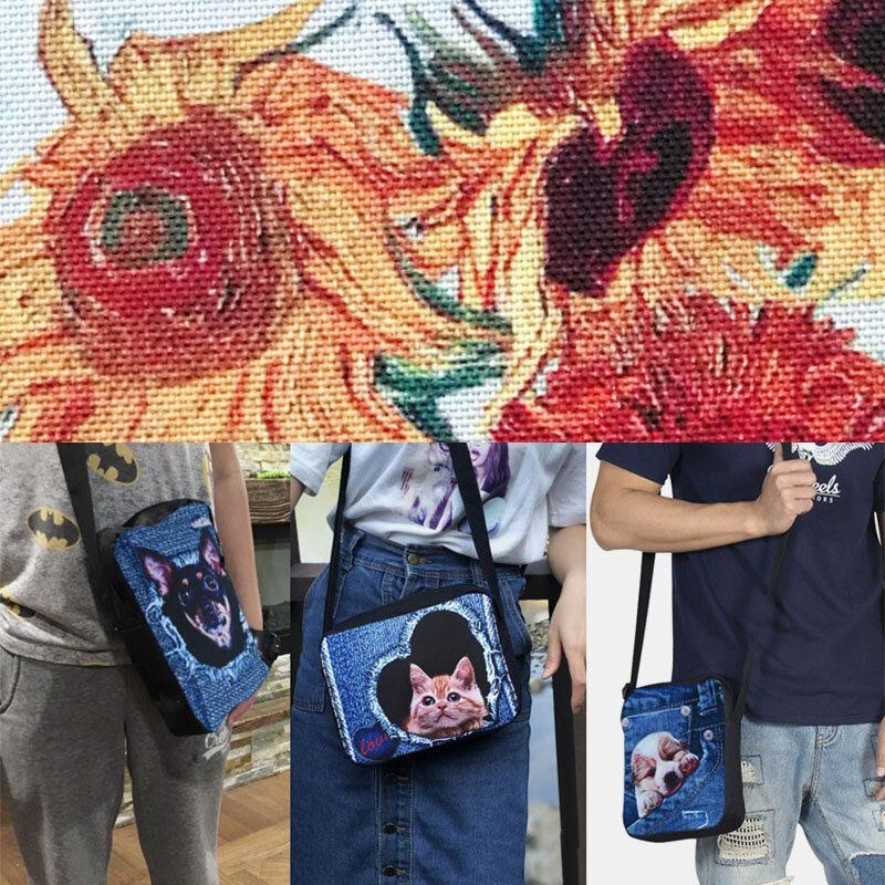 Dam Denim 3d Tredimensionell Djur Kreativ Tecknad Söt Tryck Katt Casual Telefonväska Midjeväska Crossbody-väska