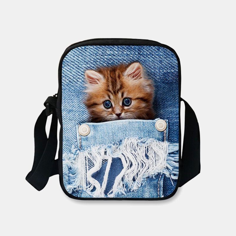 Dam Denim 3d Tredimensionell Djur Kreativ Tecknad Söt Tryck Katt Casual Telefonväska Midjeväska Crossbody-väska