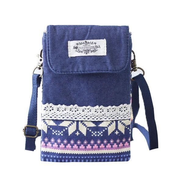 Dam Denim Tre Mellanlager Blomstertryck Mini-axelväskor Spets Crossbody-väskor 6.0 Tums Telefonväska