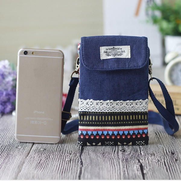 Dam Denim Tre Mellanlager Blomstertryck Mini-axelväskor Spets Crossbody-väskor 6.0 Tums Telefonväska