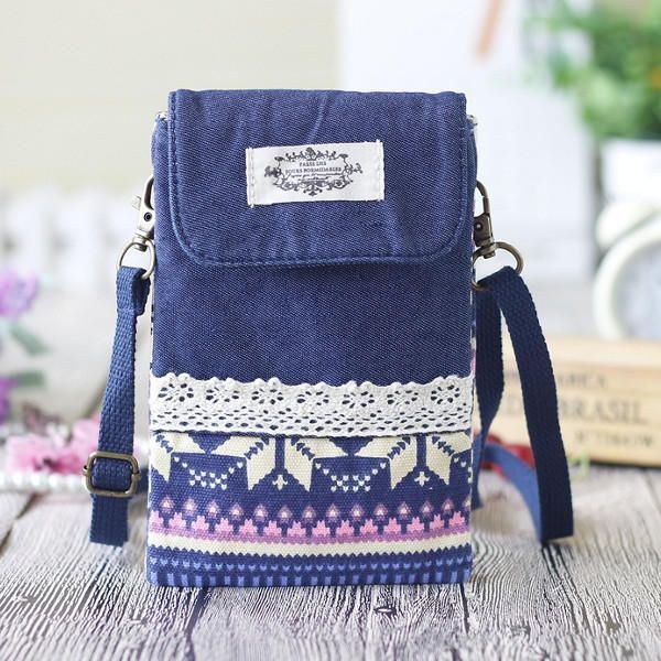 Dam Denim Tre Mellanlager Blomstertryck Mini-axelväskor Spets Crossbody-väskor 6.0 Tums Telefonväska