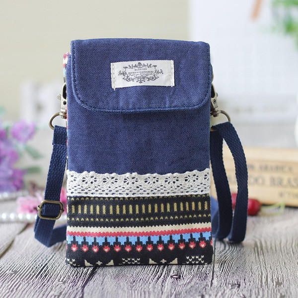 Dam Denim Tre Mellanlager Blomstertryck Mini-axelväskor Spets Crossbody-väskor 6.0 Tums Telefonväska