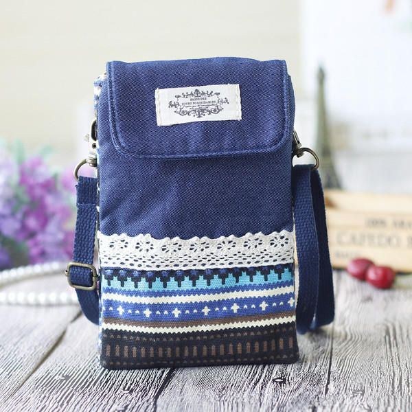 Dam Denim Tre Mellanlager Blomstertryck Mini-axelväskor Spets Crossbody-väskor 6.0 Tums Telefonväska