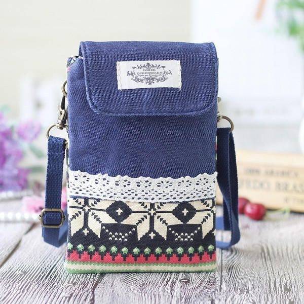 Dam Denim Tre Mellanlager Blomstertryck Mini-axelväskor Spets Crossbody-väskor 6.0 Tums Telefonväska