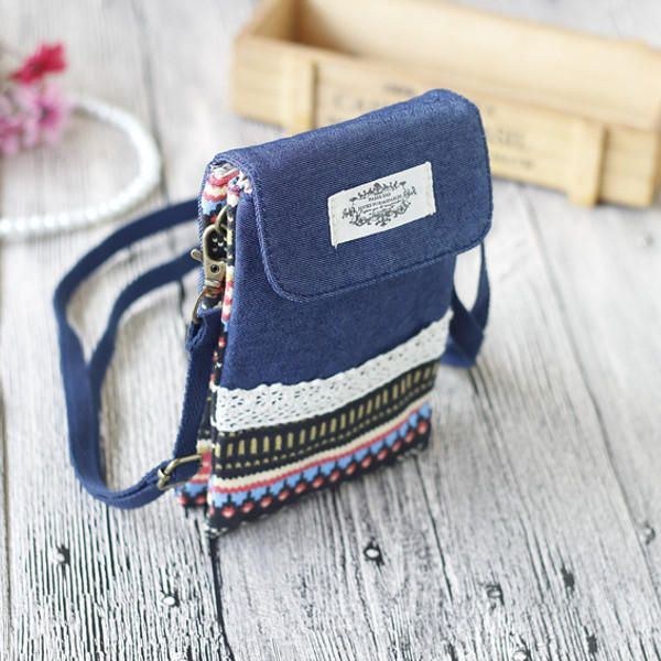 Dam Denim Tre Mellanlager Blomstertryck Mini-axelväskor Spets Crossbody-väskor 6.0 Tums Telefonväska