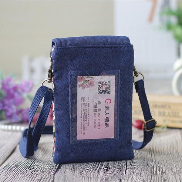 Dam Denim Tre Mellanlager Blomstertryck Mini-axelväskor Spets Crossbody-väskor 6.0 Tums Telefonväska