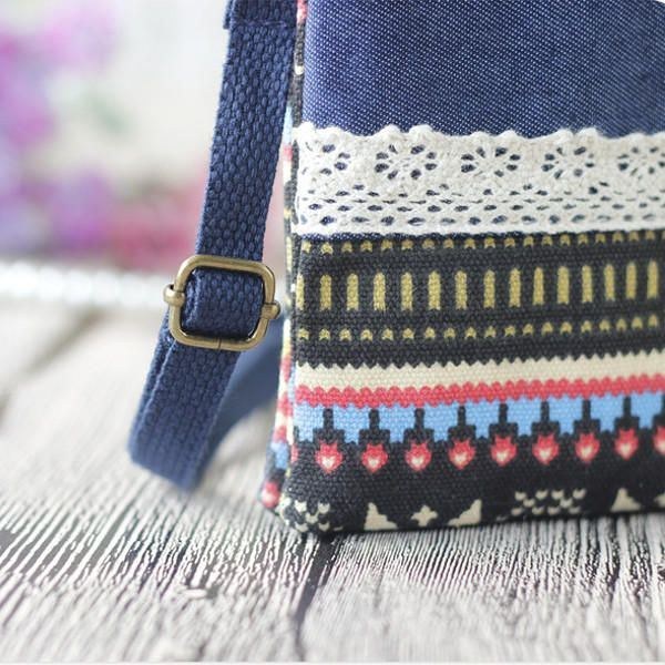 Dam Denim Tre Mellanlager Blomstertryck Mini-axelväskor Spets Crossbody-väskor 6.0 Tums Telefonväska