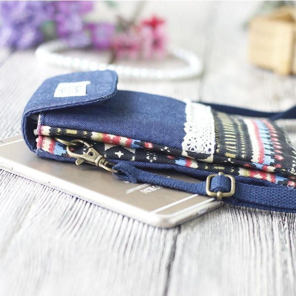 Dam Denim Tre Mellanlager Blomstertryck Mini-axelväskor Spets Crossbody-väskor 6.0 Tums Telefonväska