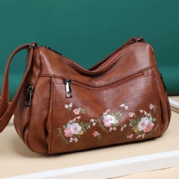 Dam Etnisk Blomma Broderad Crossbody-väska Med Stor Kapacitet Vintage Texture Hardware Vattentät Andas Axelväska I Mjukt Läder