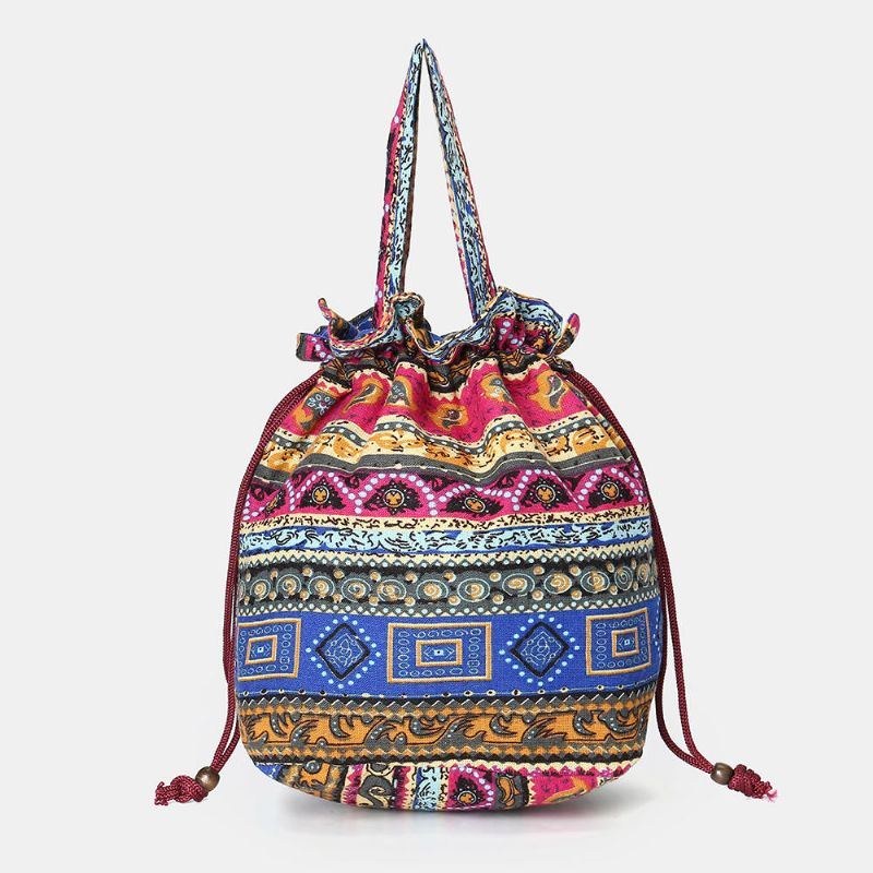 Dam Etnisk Canvas String Bucket Bag Crossbody Bag