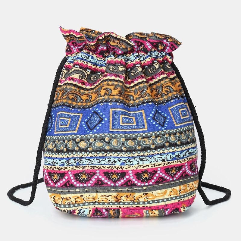 Dam Etnisk Canvas String Bucket Bag Crossbody Bag