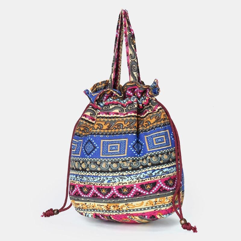 Dam Etnisk Canvas String Bucket Bag Crossbody Bag