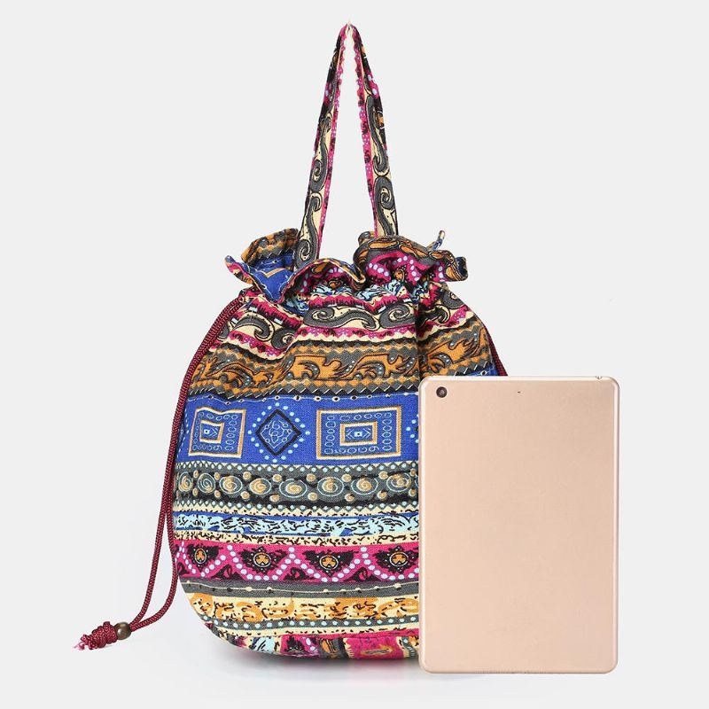 Dam Etnisk Canvas String Bucket Bag Crossbody Bag