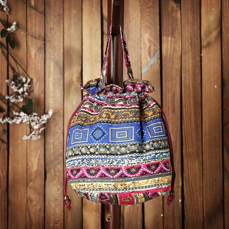 Dam Etnisk Canvas String Bucket Bag Crossbody Bag