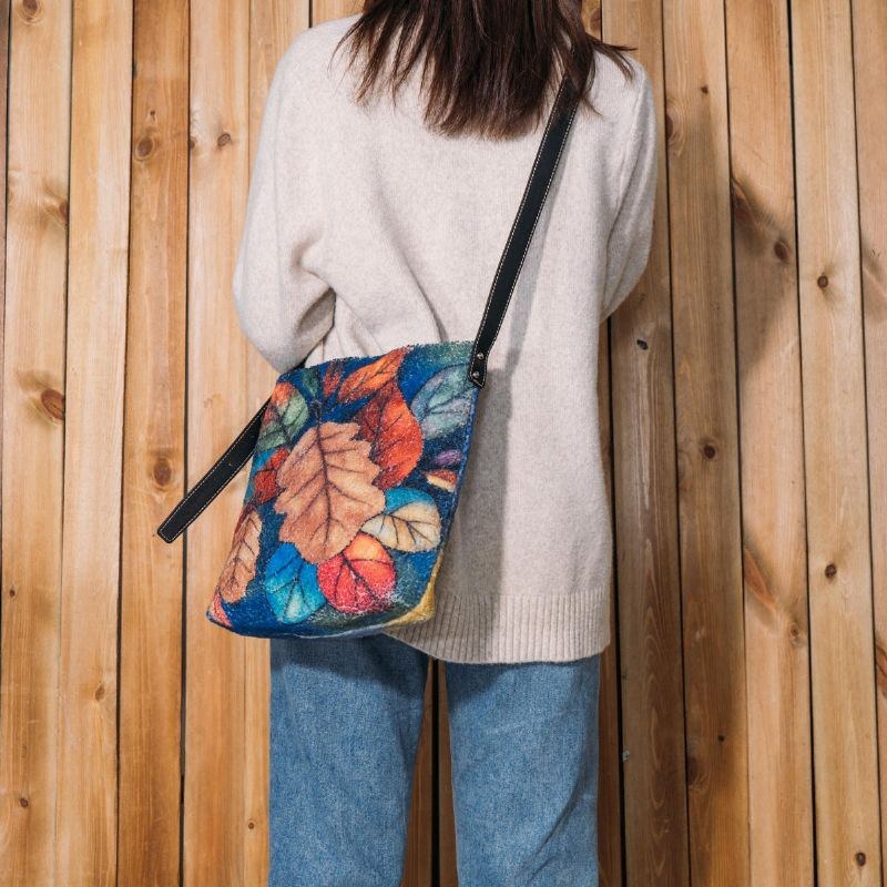 Dam Färgglada Leaf Diy Lamm Hårväska Crossbody Bag Axelväska