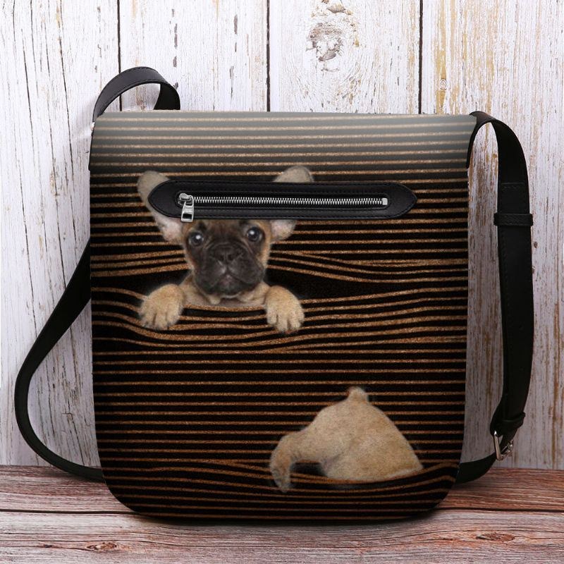 Dam Filt Casual Stripe Söt 3d Dog Printing Mönster Crossbody Bag Axelväska