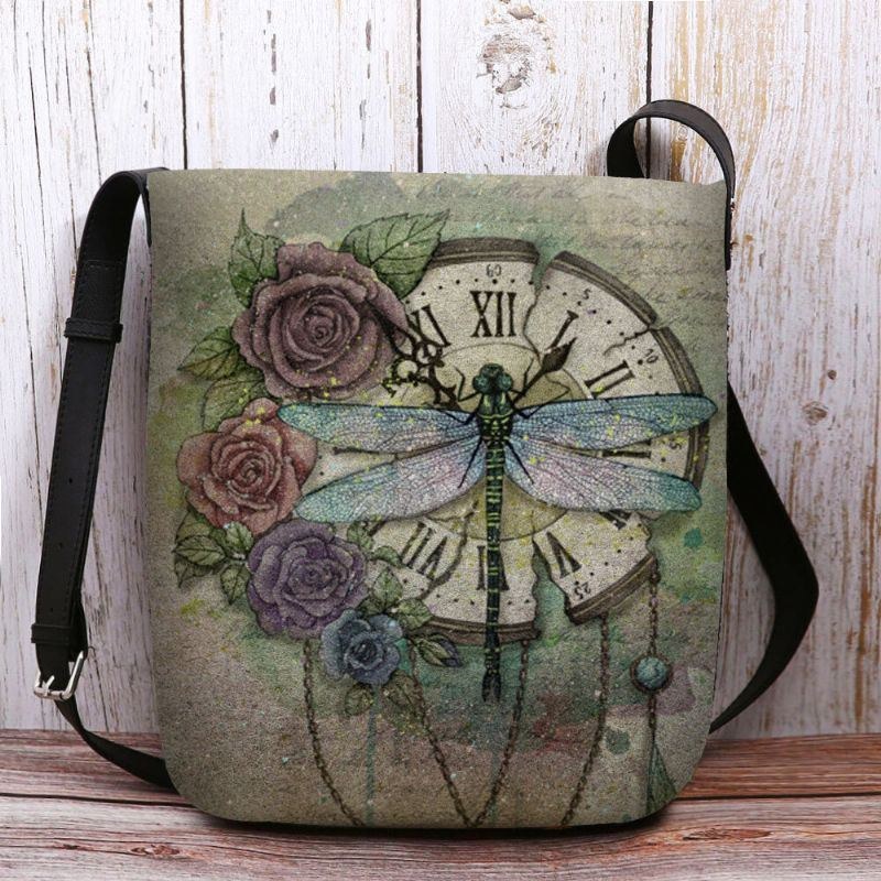 Dam Filt Casual Vintage 3d Dragonfly Blomma Tryckmönster Crossbody Bag Axelväska