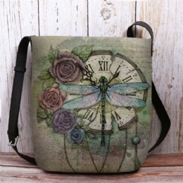 Dam Filt Casual Vintage 3d Dragonfly Blomma Tryckmönster Crossbody Bag Axelväska