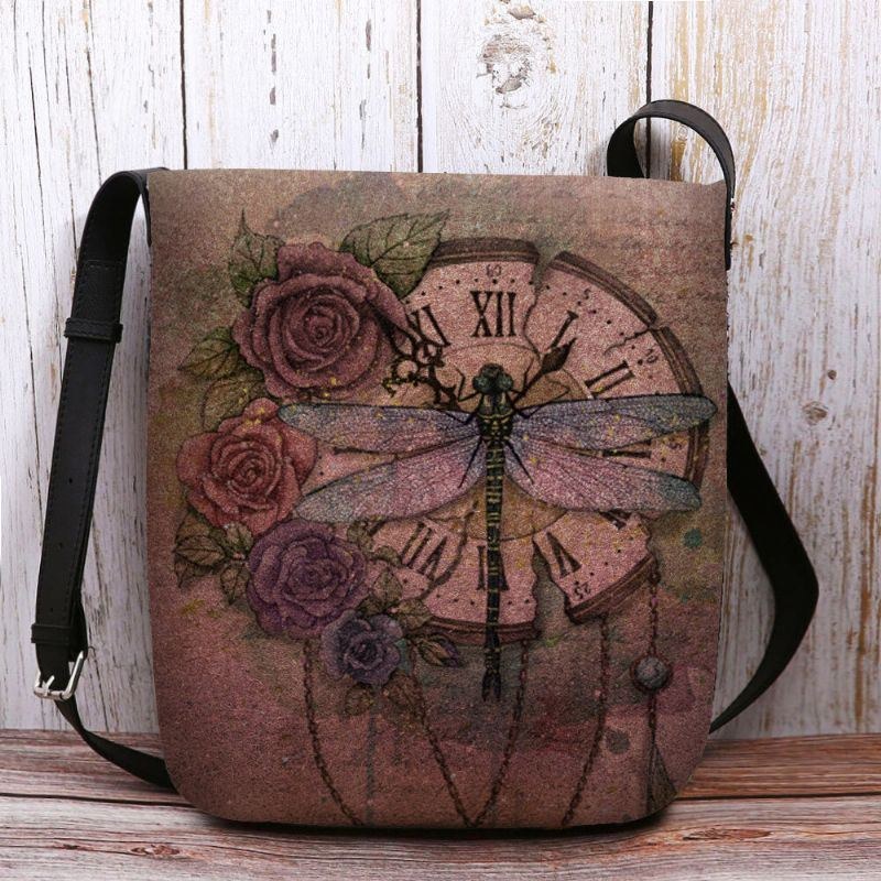 Dam Filt Casual Vintage 3d Dragonfly Blomma Tryckmönster Crossbody Bag Axelväska