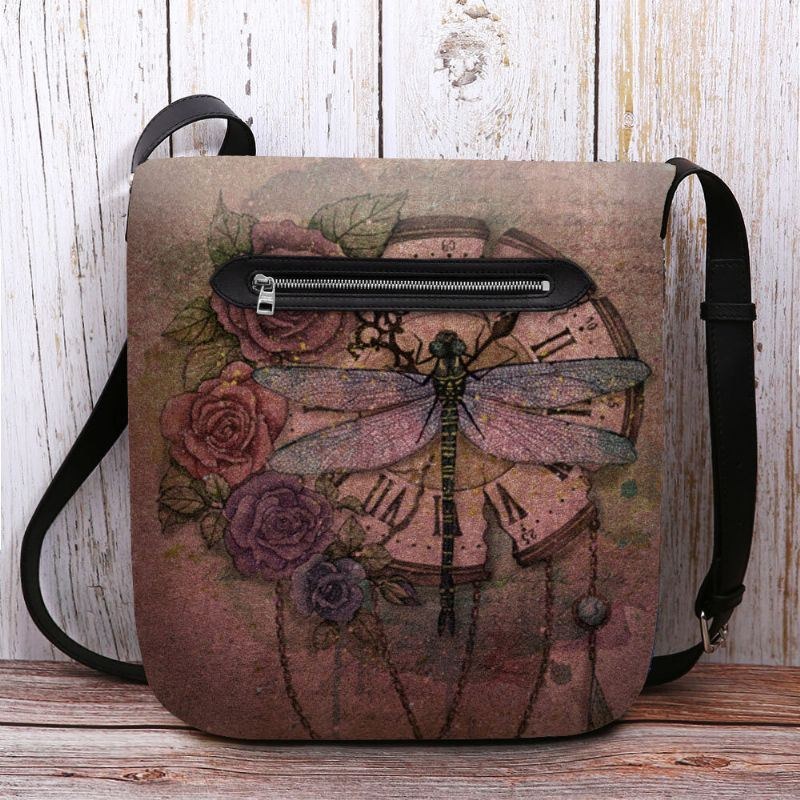 Dam Filt Casual Vintage 3d Dragonfly Blomma Tryckmönster Crossbody Bag Axelväska