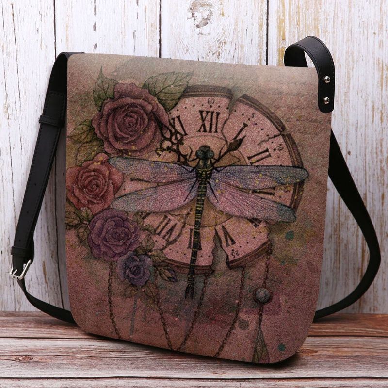 Dam Filt Casual Vintage 3d Dragonfly Blomma Tryckmönster Crossbody Bag Axelväska