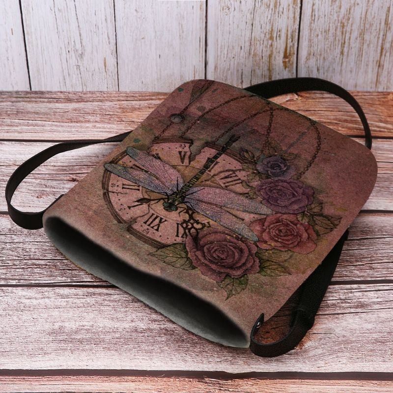 Dam Filt Casual Vintage 3d Dragonfly Blomma Tryckmönster Crossbody Bag Axelväska