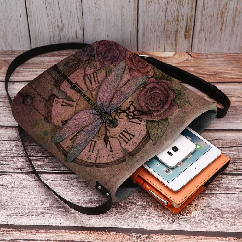 Dam Filt Casual Vintage 3d Dragonfly Blomma Tryckmönster Crossbody Bag Axelväska