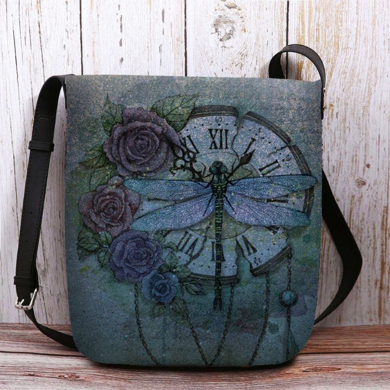 Dam Filt Casual Vintage 3d Dragonfly Blomma Tryckmönster Crossbody Bag Axelväska