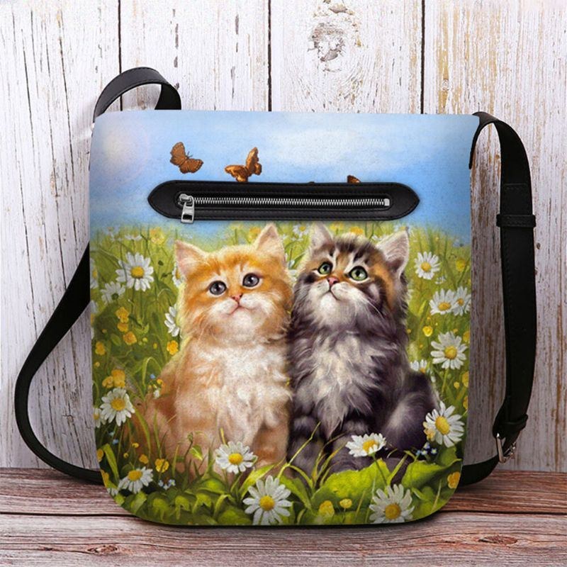 Dam Filt Country Style Cartoon Cats Print Personlighet Crossbody Bag Axelväska