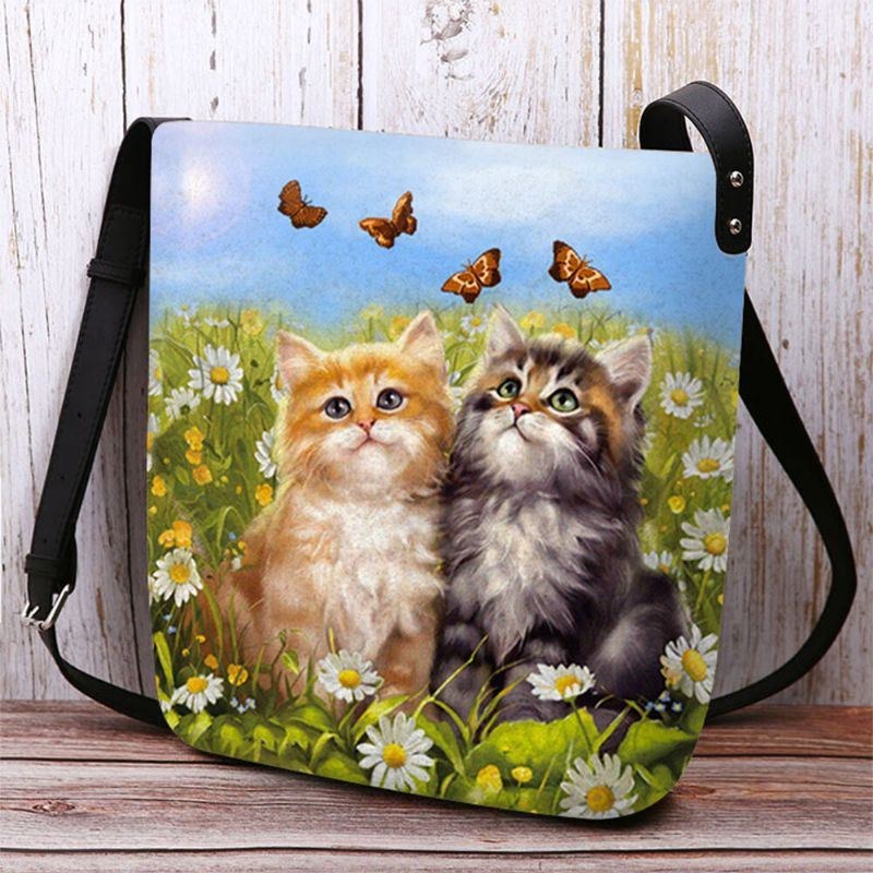 Dam Filt Country Style Cartoon Cats Print Personlighet Crossbody Bag Axelväska