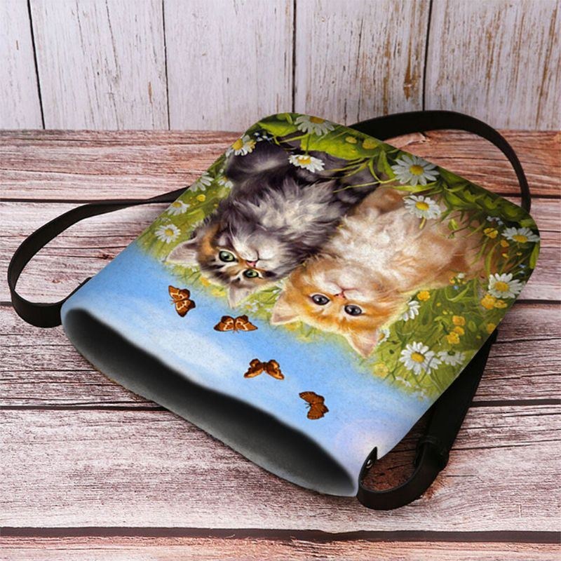 Dam Filt Country Style Cartoon Cats Print Personlighet Crossbody Bag Axelväska