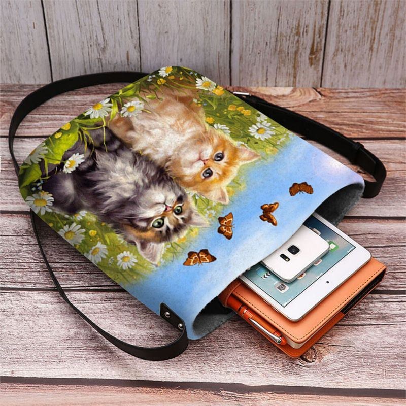 Dam Filt Country Style Cartoon Cats Print Personlighet Crossbody Bag Axelväska