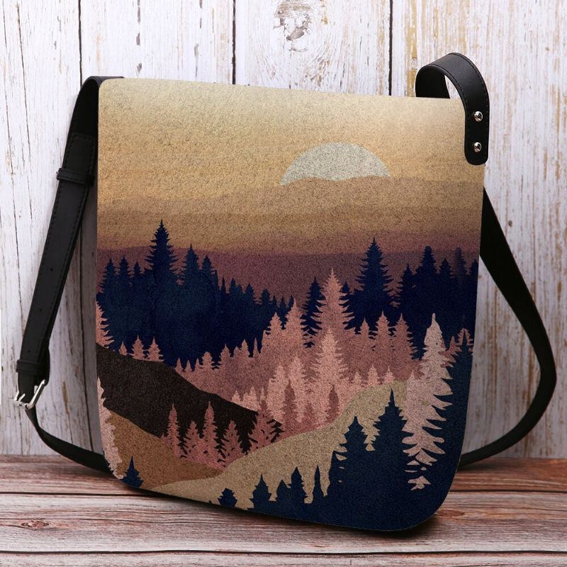 Dam Filt Damer Mountain Treetop Print Mönster Multi-carry Personality Axelväska Crossbody Bag