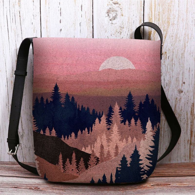 Dam Filt Damer Mountain Treetop Print Mönster Multi-carry Personality Axelväska Crossbody Bag