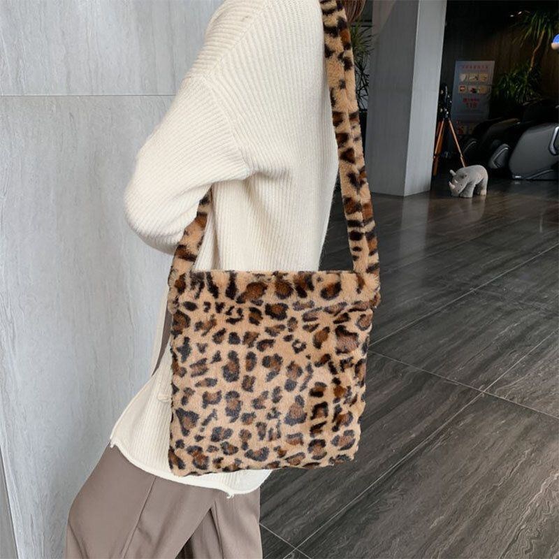 Dam Filt Mjukt Leopardmönster Söt Casual Personality Axelväska Crossbody-väska