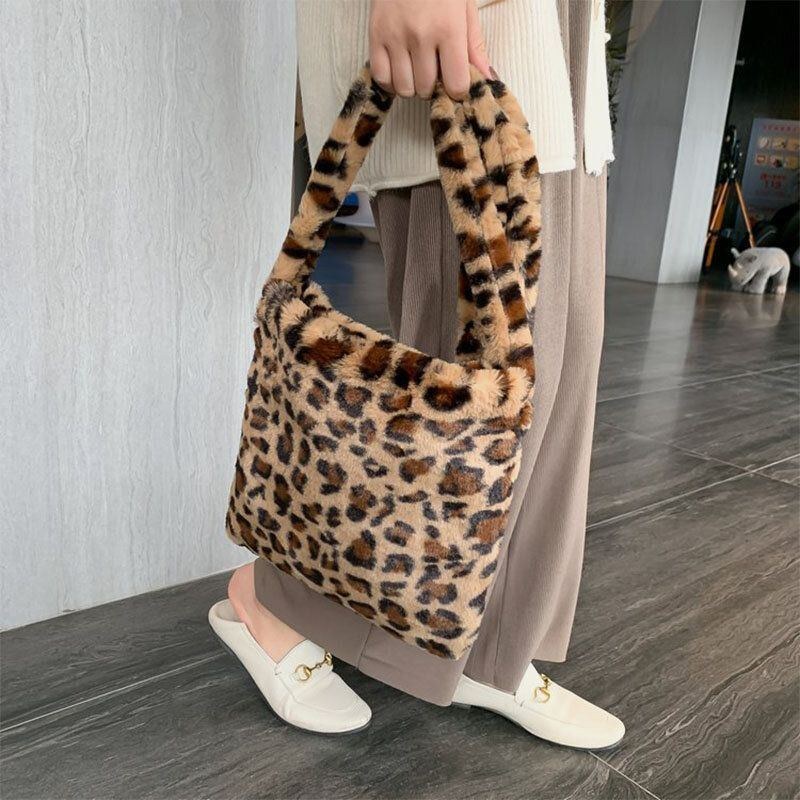 Dam Filt Mjukt Leopardmönster Söt Casual Personality Axelväska Crossbody-väska