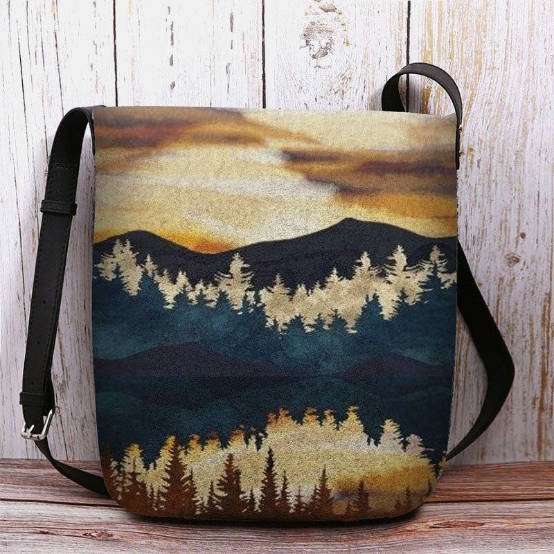 Dam Filt Mountain Treetop Print Mönster Casual Outdoor Axelväska Crossbody Bag