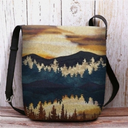 Dam Filt Mountain Treetop Print Mönster Casual Outdoor Axelväska Crossbody Bag