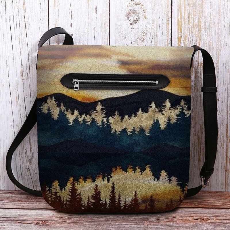 Dam Filt Mountain Treetop Print Mönster Casual Outdoor Axelväska Crossbody Bag