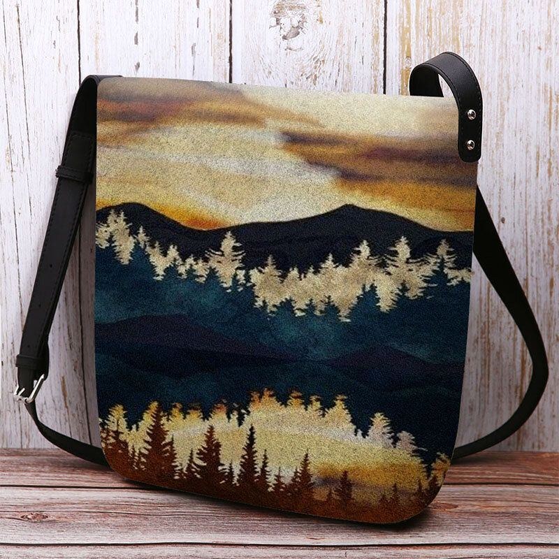 Dam Filt Mountain Treetop Print Mönster Casual Outdoor Axelväska Crossbody Bag