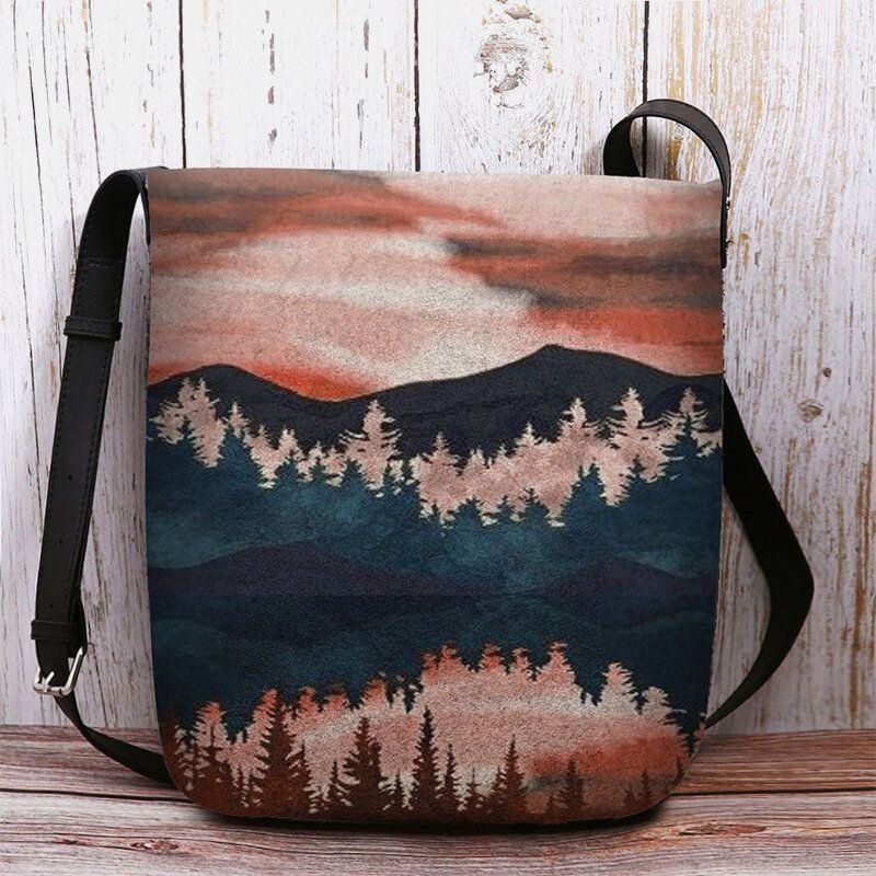 Dam Filt Mountain Treetop Print Mönster Casual Outdoor Axelväska Crossbody Bag