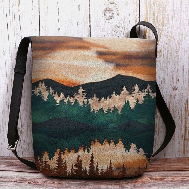 Dam Filt Mountain Treetop Print Mönster Casual Outdoor Axelväska Crossbody Bag