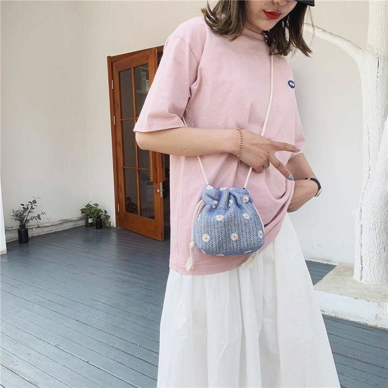 Dam Halm Daisy Solrosmönster Tryck Casual String Spetsväska Strandväska Bucket Bag Crossbody Bag Handväska