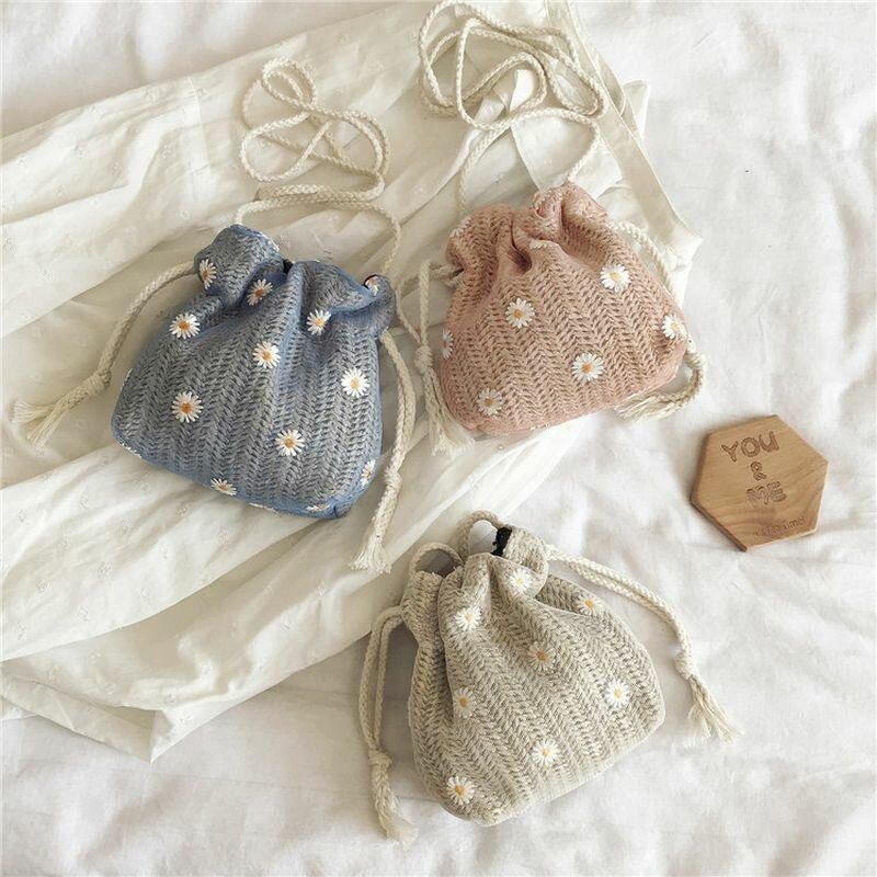 Dam Halm Daisy Solrosmönster Tryck Casual String Spetsväska Strandväska Bucket Bag Crossbody Bag Handväska