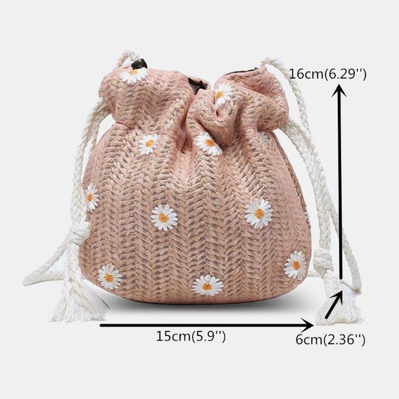 Dam Halm Daisy Solrosmönster Tryck Casual String Spetsväska Strandväska Bucket Bag Crossbody Bag Handväska