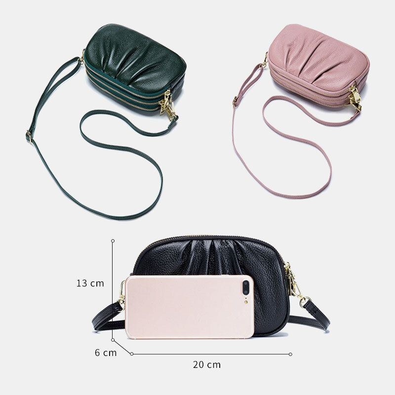 Dam I Äkta Läder 3 Fickor Med Dragkedja Vikdesign Crossbody-väska