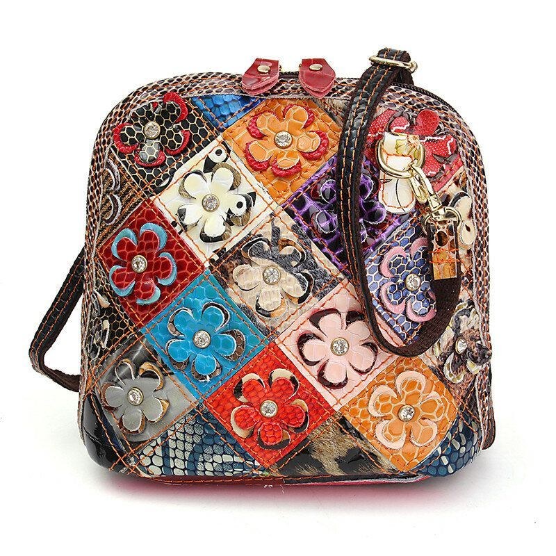 Dam I Äkta Läder Patchwork Floral Crossbody-väska