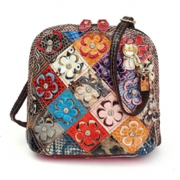 Dam I Äkta Läder Patchwork Floral Crossbody-väska