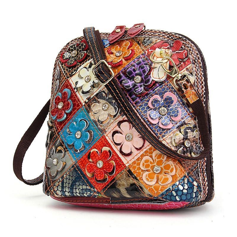 Dam I Äkta Läder Patchwork Floral Crossbody-väska